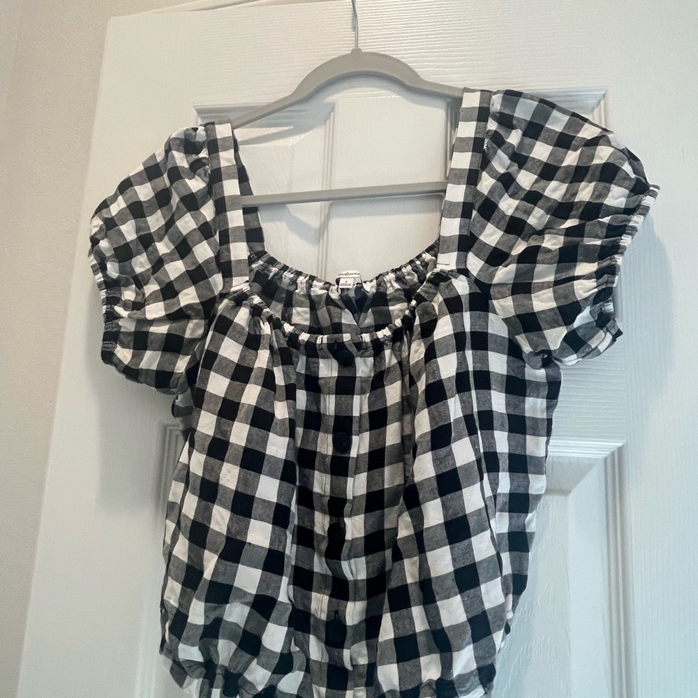 Madewell Black and White Gingham Puff Sleeve Blouse